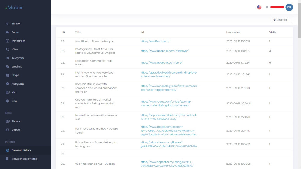 Viewing browser history with uMobix